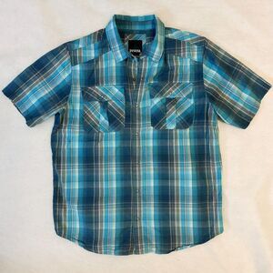 PrAna Pearl Snap Western Shirt Mens M Blue Plaid Short Sleeve Organic Cotton